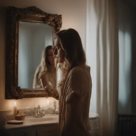 Young girl looking at her body in the mirror