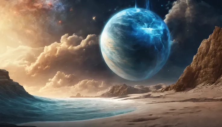 huge planet, the night, starrysky, surrealism, masutepiece, hight resolution、Impressive Milky Way:1.9、sand beach、Vast blue ocean、Blue Waves、Blue glacier、lightning bolt:1.9、Protoplanets、pure beauty