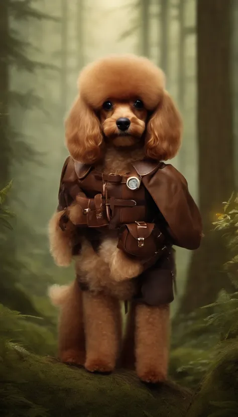 Classic negative portrait photo，Fantasy video game character concept art，A cute brown furry poodle，Carrying a small brown leather backpack，Watch the map and hike through the forest，dungeons and dragons，fantasy，rios，haze，Halo，blooms，Dramatic atmosphere，Dark...