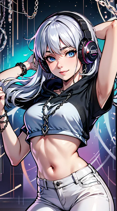 top-quality、Top image quality、​masterpiece、girl with((18year old、Black navel exposes short sleeve hoodie、White pants、Best Bust、Bust 85、silber hair、Disturbed shortcuts、Blue eyes、open chest wide、Happiness、Chain Accessories、Put on headphones、dance)）hiquality、...