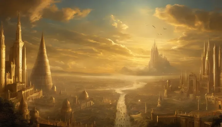 painting of a city with a castle surrounded by angels flying around, Empyrean City, divine realm of the gods, Utopian City, Golden Gates of Heaven!!!!!!!!, divine illumination, esoteric equation heaven, Heaven on Earth, breathtaking, breathtaking art, Floa...