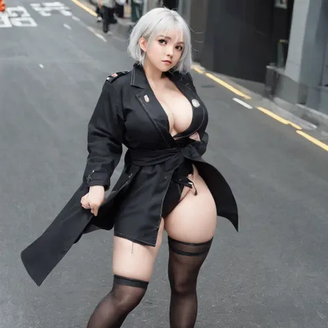 Japan Female, 13years、((((Little fat woman))))、short-haired、white  hair、hitornfreckles、Kamimei、((((Small breasts ga))))、A sexy、appearance、((drooing eyes))、(((( Germany uniforms))))、(((Bondage fashion under a long black coat)))、Best Quality, full-face blush...