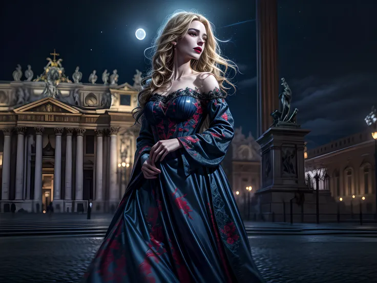 fantasy art, RPG art, photograph, RAW, (Ultra detailed: 1.5), Best Detailed, picture of a female vampire standing in St. Peter in the Vatican, an exquisute beautiful female vampire, full body, (best detailed face: 1.2), grey skin, red lips, (vampiric fangs...