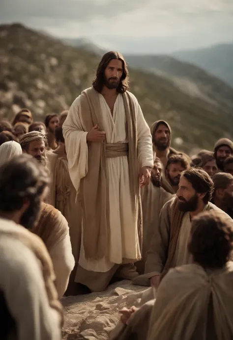 Jesus and his disciples typical Biblical era clothing on a mountain and a crowd around him, dia ensolarado