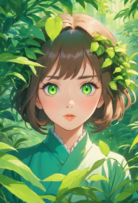 A girl in a garden,beautiful detailed eyes,beautiful detailed lips,long eyelashes, Jiangshi,illustration,highres,ultra-detailed,realistic,horror,green color palette,dramatic lighting