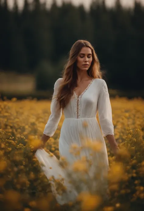 fille seule nue in flower field with white dress