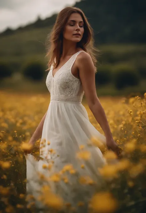 fille seule nue in flower field with white dress