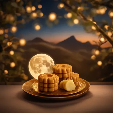 Mid-Autumn Festival, reunion, A round moon, the night, （Moon cake）, teas, the fruits, edgBunny, Change rushes to the moon, symmetry, high detail, Romanticism, sparkle, god rays, ray tracing, UHD, retina, masterpiece, ccurate, super detail, high details, hi...