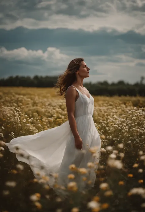 fille seule nue in flower field with white dress