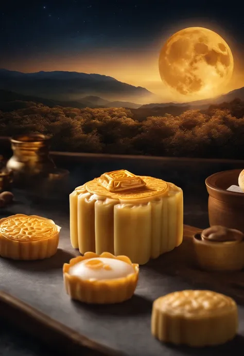 Commercial shooting, Cantonese egg yolk mooncakes, themoon, Night sky poster, Fresh style background, elegant, Booth lighting, Attractive, photorealistic colors, Ultra HD