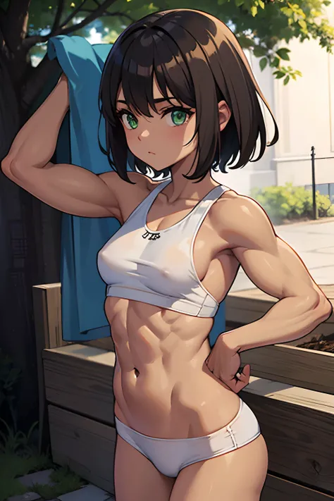 Masterpiece, 1girl, ((muscle girl)), ((defined muscles)), tanned skin, olive skin, light brown hair, green eyes, small boobs, naked, square, park,