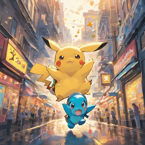 A lively city with dark and gloomy vibes, full of buildings stretching across the streets. Grafite cobre as paredes, adicionando uma pitada de arte urbana. The centerpiece of the scene is Squirtle, Charmander, Bulbasaur e Pikachu, Standing proudly in the m...