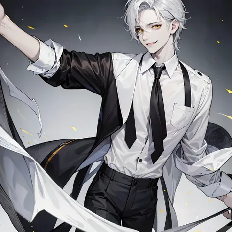 1boy, 28 years old, pale skin, silver hair, disheveled, yellow eyes, black and gray colors, half-unbuttoned shirt, tie, maniac s...