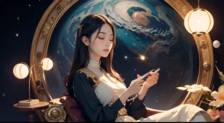 One Beautiful Woman。Details of face。Masterpiece of。Sitting deeply in a chair with eyes closed。Image of the universe and the clock on the background of that woman。８picture quality。