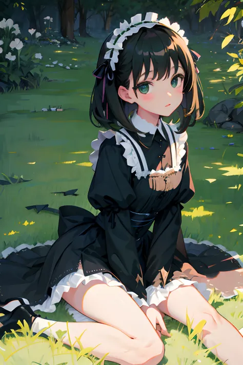 hand between legs，child，（​masterpiece，Highest Quality），Green Gothic Lolita，Pasture，A dark-haired