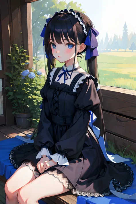 hand between legs，child，（​masterpiece，Highest Quality），Blue Gothic Lolita，Pasture，A dark-haired