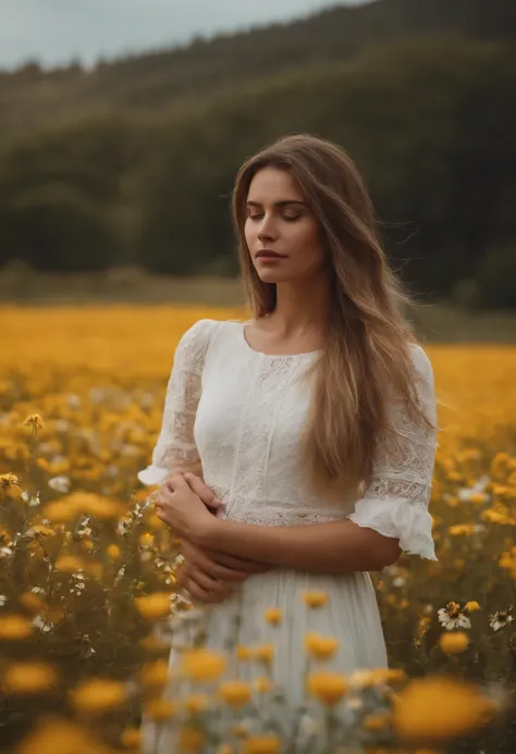 fille seule nue brown hair and white blonde hair man in flower field