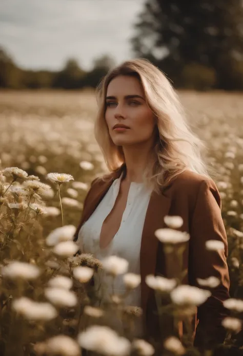 fille seule nue brown hair and white blonde hair man in flower field