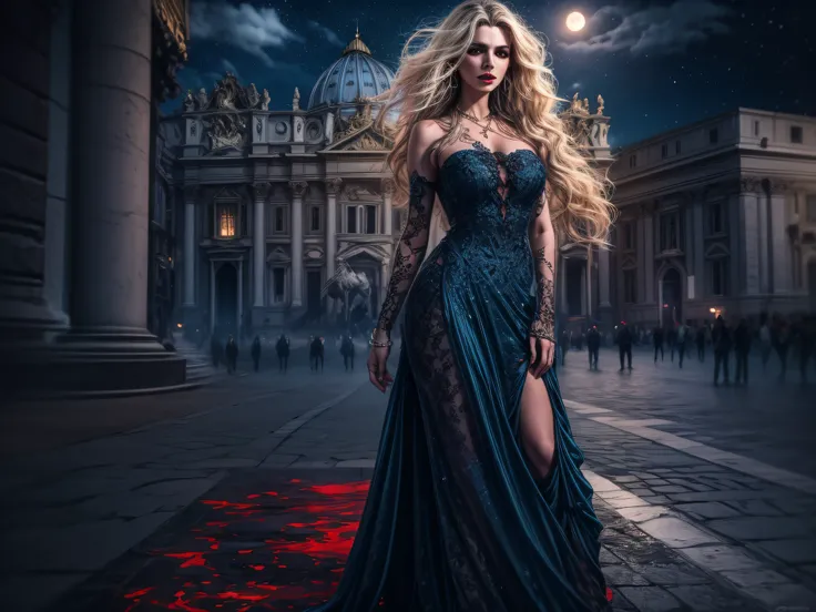 fantasy art, RPG art, photograph, RAW, (Ultra detailed: 1.5), Best Detailed, picture of a female vampire standing in St. Peter in the Vatican, an exquisute beautiful female vampire, full body, (best detailed face: 1.2), grey skin, red lips, (vampiric fangs...