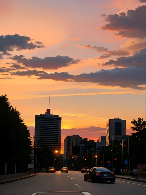 Cars driving on the streets，The background is sunset, City sunset, city sunset night, golden hour in beijing, city twilight landscape, dusk on the city street, sunset evening lighting, Sunset photo, city street at dusk, sunset ligthing, twilight in the cit...