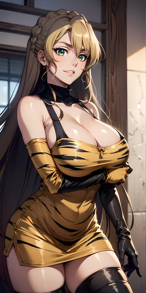 (blonde hair:1.4), green eyes, long hair, braid, breasts, 1girl, animal_print, long_hair, tiger_print, cleavage, solo, looking_at_viewer, very_long_hair, gloves, bare_shoulders, thighhighs, blush, elbow_gloves, sidelocks, collarbone, sweat, thighs, skinden...