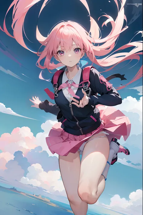 1 girl ,((skydiving ), close to viewer, (character focus),((panty shot)),(floating skirt),pale pink hair,high resolution,(incredibly absurdres), (hires.fix:1.3),anime visual,extremely detailed CG unity 8k wallpaper, ((masterpiece)), ((top-quality)), (beaut...