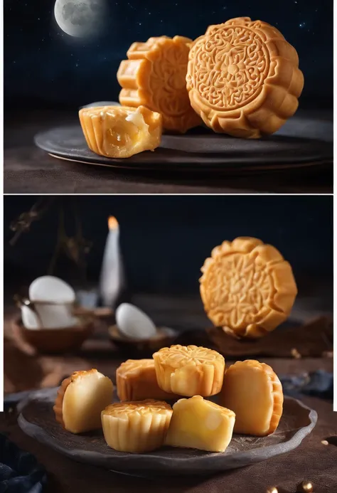 Commercial shooting, Cantonese egg yolk mooncakes, themoon, Night sky poster, Fresh style background, elegant, Booth lighting, Attractive, photorealistic colors, Ultra HD