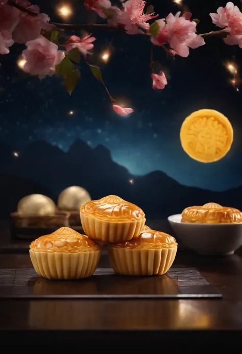 Commercial shooting, Cantonese egg yolk mooncakes, themoon, Night sky poster, Fresh style background, elegant, Booth lighting, Attractive, photorealistic colors, Ultra HD