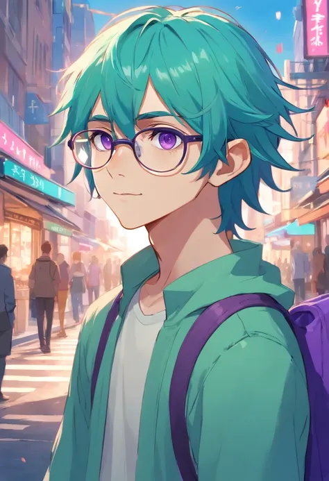 French young elf guy with long turquoise hair and purple eyes, wears glasses Noisy city street