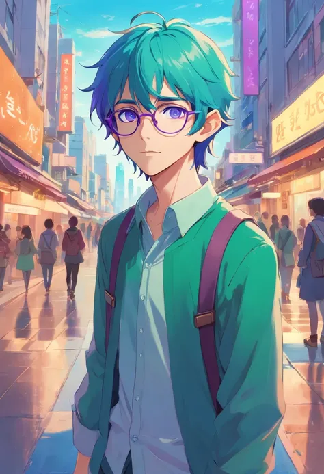 French young elf guy with long turquoise hair and purple eyes, wears glasses Noisy city street