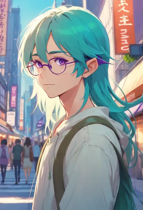 French young elf guy with long turquoise hair and purple eyes, wears glasses Noisy city street