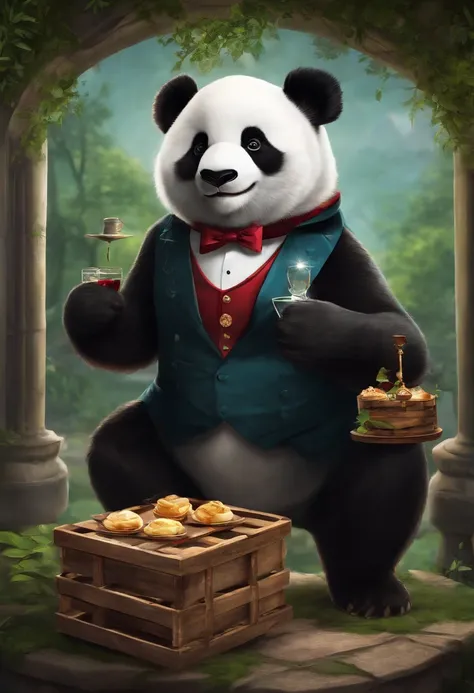 Anthropomorphic panda, Formally dress up as a butler, Accommodates pallets, Panda stickers, Panda stickers.