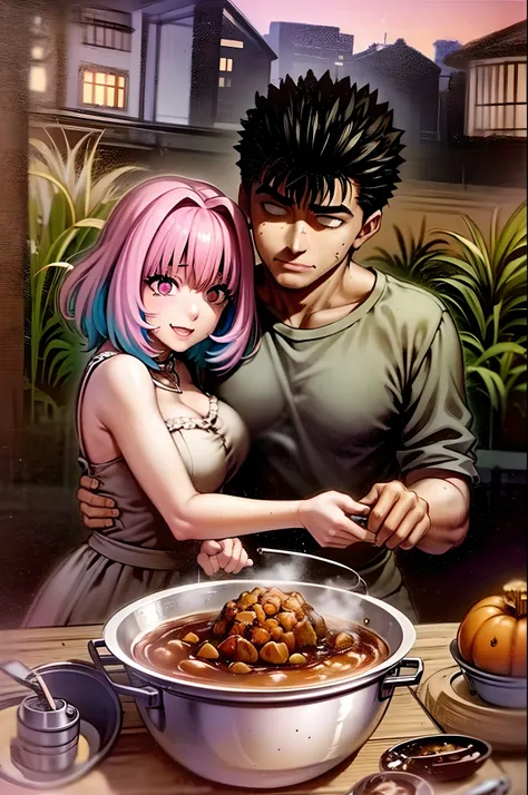 best quality,highres,ultra-detailed,realistic,portrait,colorful lighting,riamu yumemi:1.1,guts:1.1,couple:1.1,husband and wife:1.1,riamu motherly:1.1,house wife:1.1,cooking:1.1,mother and son:1.1,children:1.1,family:1.1,happy,smiling,loving embrace,enjoyin...