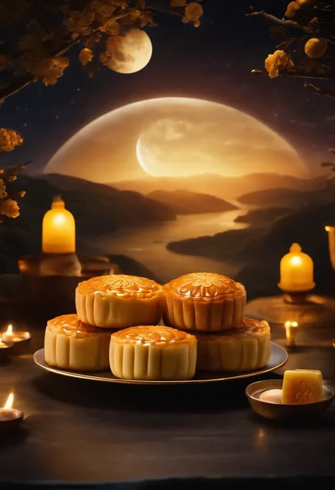 Commercial shooting, Cantonese egg yolk mooncakes, themoon, Night sky poster, Fresh style background, elegant, Booth lighting, Attractive, photorealistic colors, Ultra HD