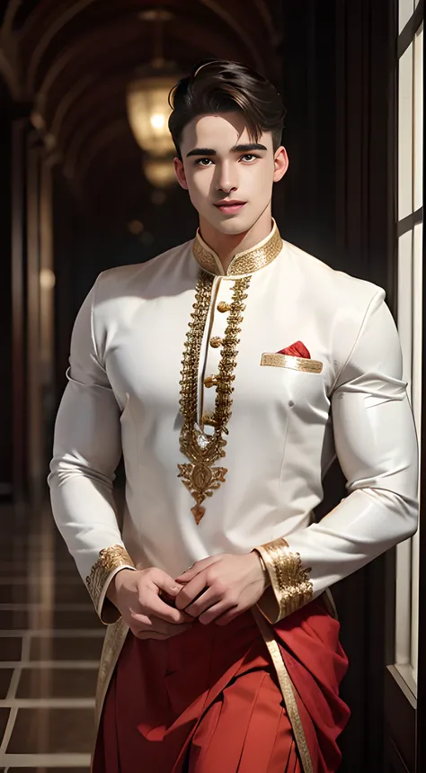 (((Men only))), ((head shot)), (Pietro Boselli), ((wearing red Indian traditional clothing)), (Kurta Pajama, Sherwani Kurta, Dhoti, Bandhgala Suit), ((Handsome muscular man in his 20s)), (Big smile), (detaile: 1 in 1), Natural muscles, HIG quality, beautid...