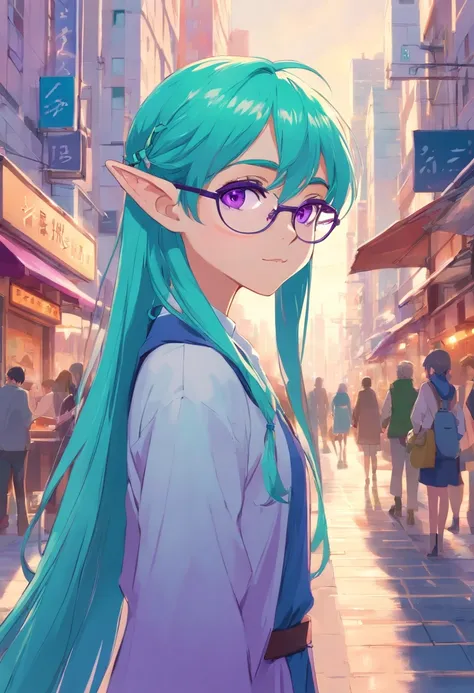 French young elf with elf ears with very long turquoise hair and purple eyes, wears glasses Noisy city street