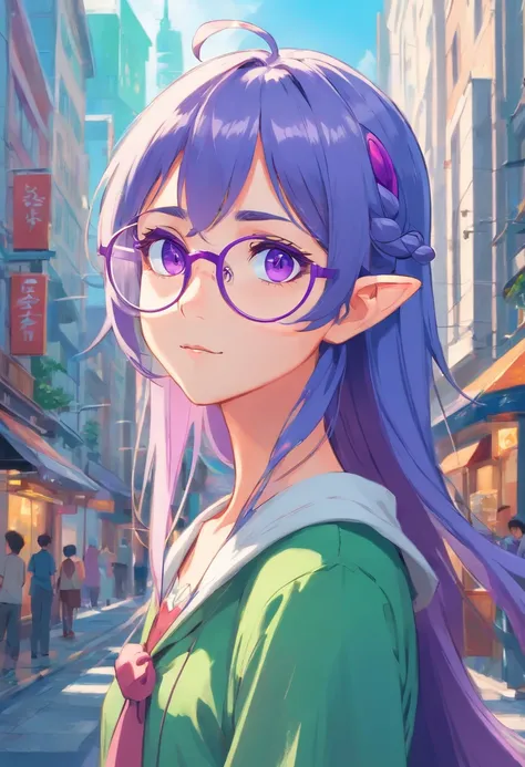 French young elf with elf ears with very long turquoise hair and purple eyes, wears glasses Noisy city street