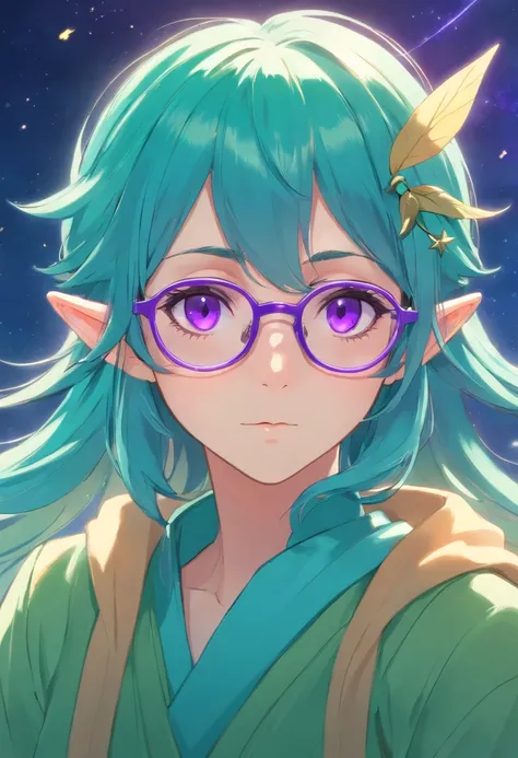 French young elf with elven ears, very long turquoise hair and purple eyes, wears glasses