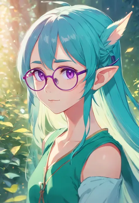 French young elf with elven ears, very long turquoise hair and purple eyes, wears glasses