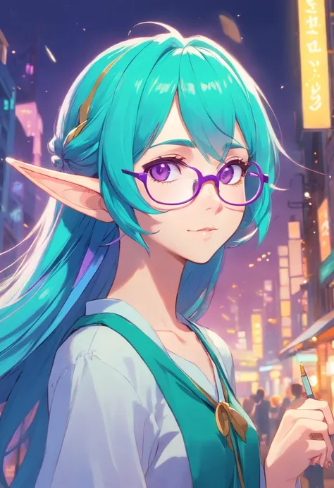 French young elf with elven ears, very long turquoise hair and purple eyes, wears glasses