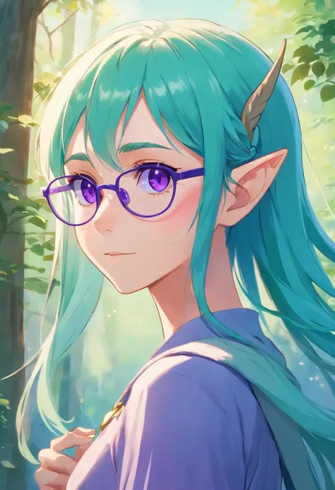 French young elf with elven ears, very long turquoise hair and purple eyes, wears glasses