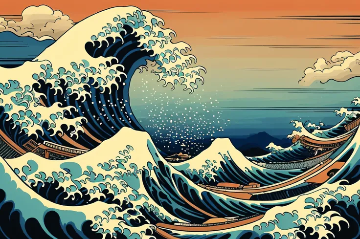 a closeup of a painting of a wave with a sky background, Grande onda de Hokusai, A Grande Onda de Kanagawa, inspirado em Katsuchika Hokusai, Grande onda fora de Kanagawa, grande onda, Estilo Hokusai, inspirado em Katsushika Hokusai, estilo katsushika hokus...