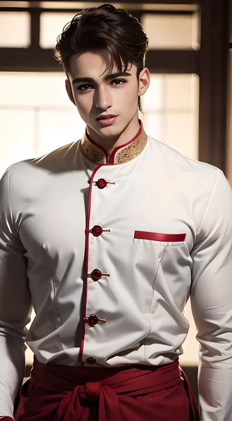 (((Men only))), ((head shot)), (Pietro Boselli), ((wearing red Indian traditional clothing)), (Kurta Pajama, Sherwani Kurta, Dhoti, Bandhgala Suit), ((Handsome muscular man in his 20s)), (Big smile), (detaile: 1 in 1), Natural muscles, HIG quality, beautid...