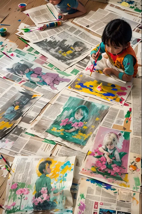 children painting on newspapers