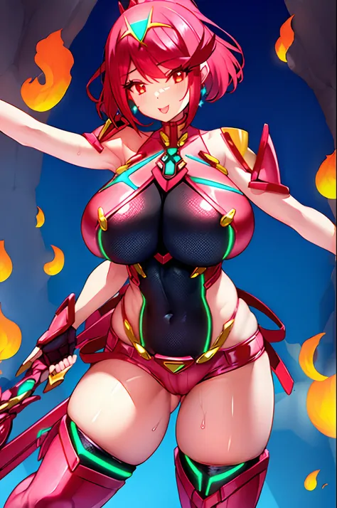 pyra (xenoblade), teen_1girl, loli, bangs, black gloves, breasts, red eyes, shout, earrings, eyelashes, fingerless gloves, floating hair, , gem, gloves, hair ornament, headpiece, jewelry, gigantic_breasts, leaning back, swimsuit, neon trim, official art, p...