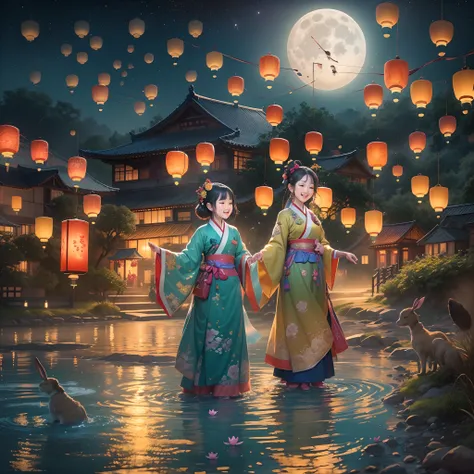 (Masterpiece:1.2),ultra-detailed,realistic painting,celebration,joyful atmosphere,traditional festival,moonlit scenery,harvest moon,bright lanterns,ancient folklore,charming girl with a traditional hanbok,2girls laughing together,happy faces,peaceful garde...