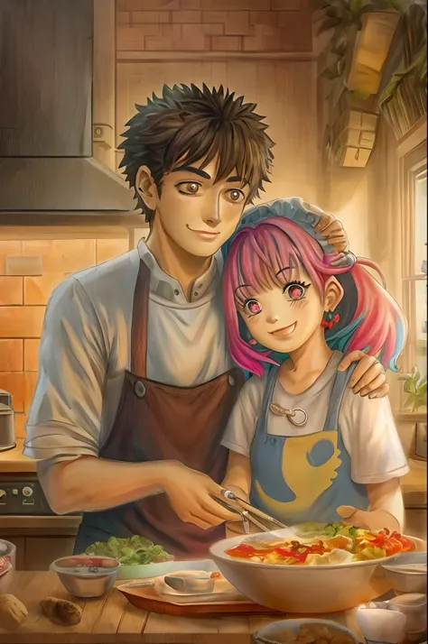 best quality,highres,ultra-detailed,realistic,portrait,colorful lighting,riamu yumemi:1.1,guts:1.1,couple:1.1,husband and wife:1.1,riamu motherly:1.1,house wife:1.1,cooking:1.1,mother and son:1.1,children:1.1,family:1.1,happy,smiling,loving embrace,enjoyin...