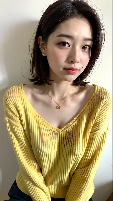 (Best Quality, 8k, 32k, Masterpiece, UHD: 1.2), Cute Japan Woman Pictures, Very Short Bob Hair, Face Focus, (oversized_sweater,:1.1) Necklace, Simple Background, Watch Viewer, Leaning Forward, Upper Body