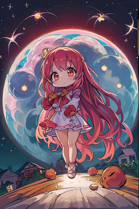 girl, looking at you, Face, High quality, Radiant, natta, red velvet,under big full moon、Looking up at the moon、fullmoon、Chibi