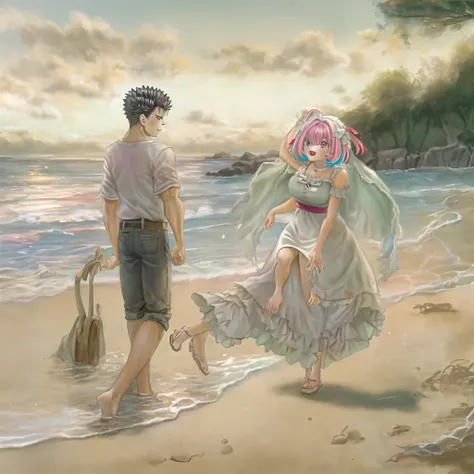 riamu,guts,couple,husband and wife,riamu ,love dovey couple,playng in beach